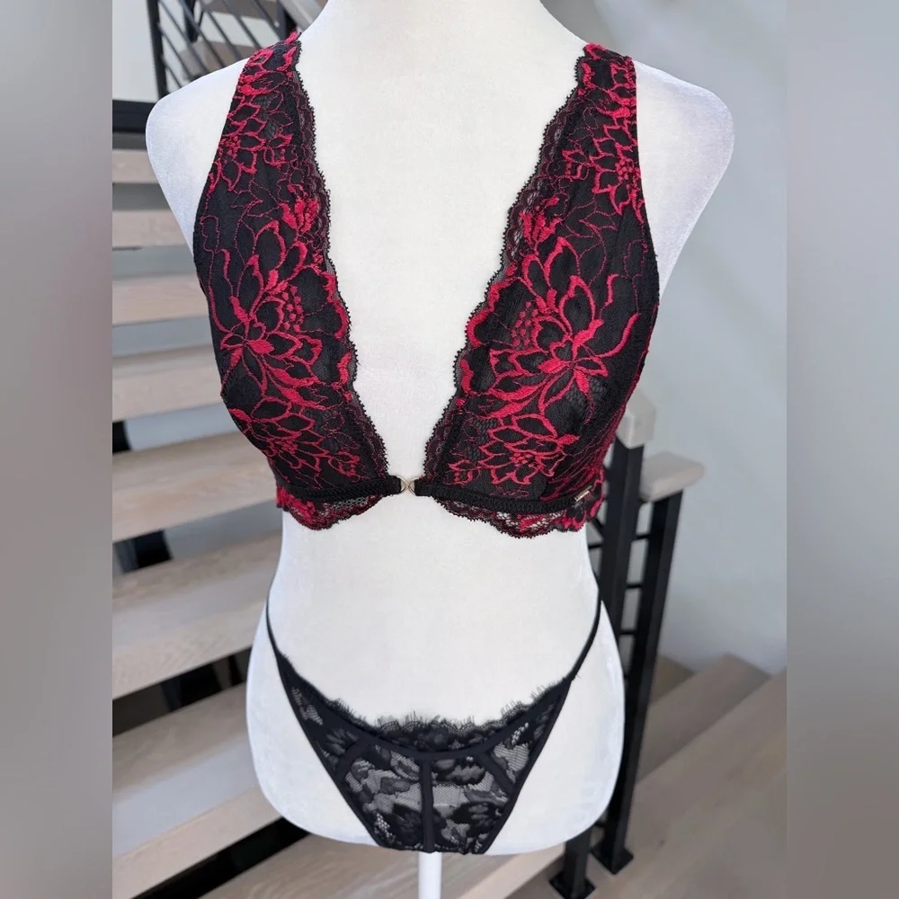 Lace Plunge Bralette & Lace Brief Set - Black with Red Floral Accents size S